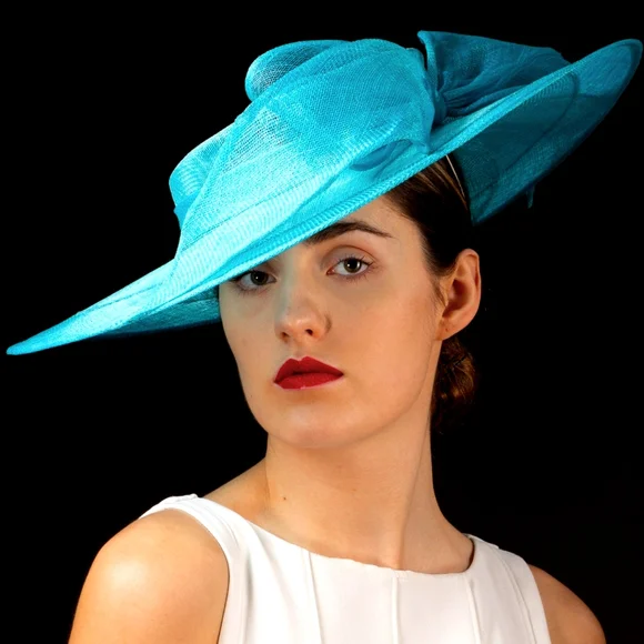 Classic Sophisticated Turquoise Sinamay Wide Brim Bow Hat  display picture 3